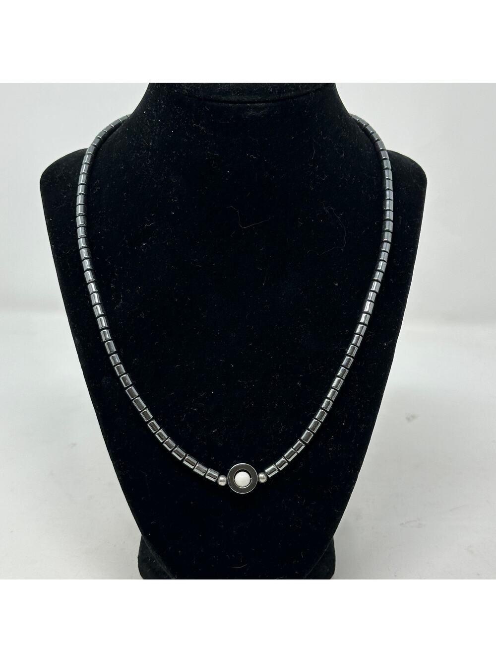 Unbranded Hematite Beaded Necklace With Faux Pearl Detail Silver Gray